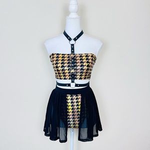 TastefulGirl Black & Gold Holo Houndstooth Tube Top & High Leg Bottom Rave Set